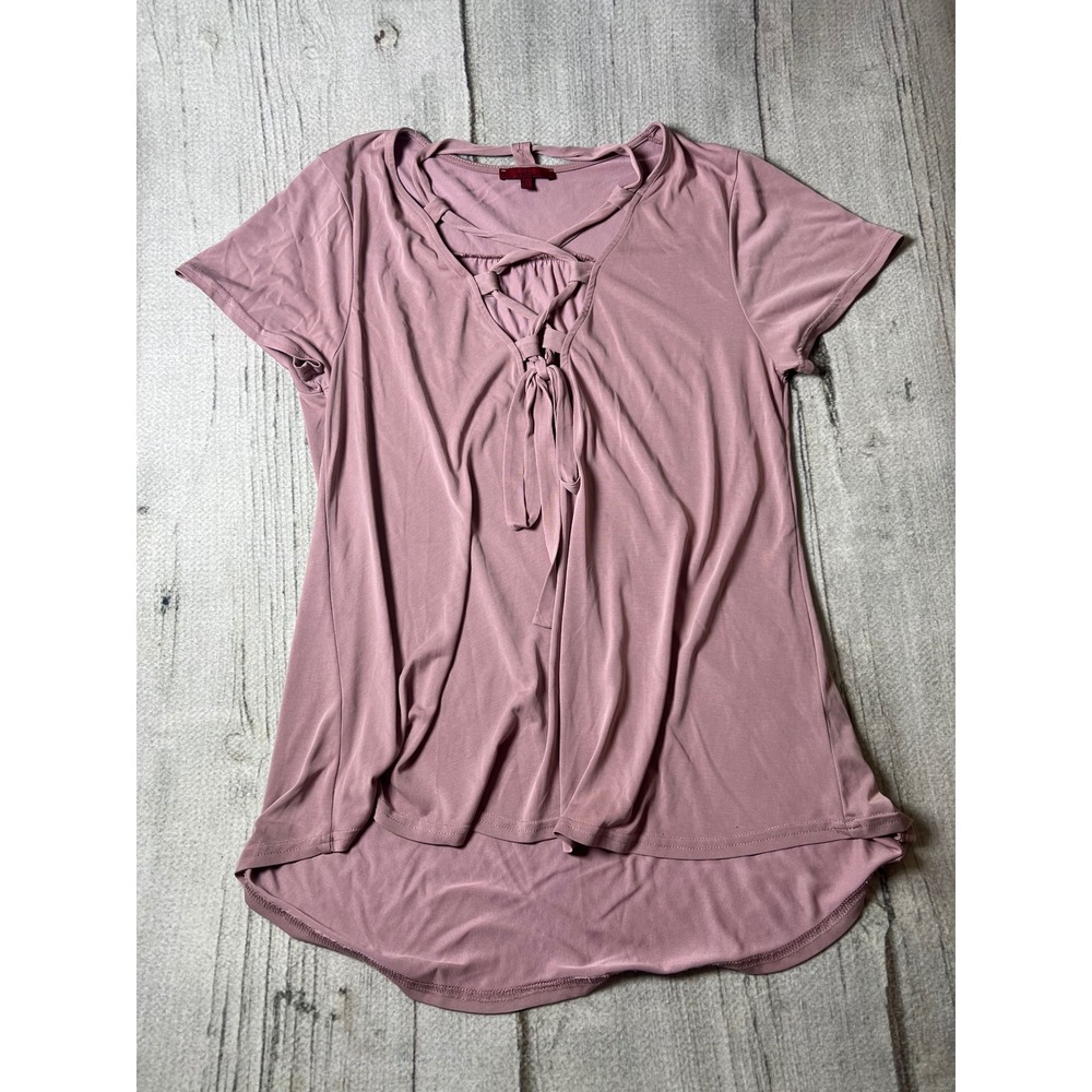 Red 23 Top‎ Women XL Pink Lace Up V-Neck High Low Boho Minimalist Short Sleeve